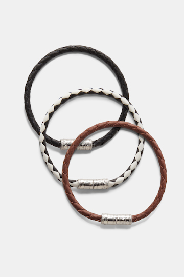 Dorothee Schumacher Set of three woven leather cord bracelets black & white with cognac mix