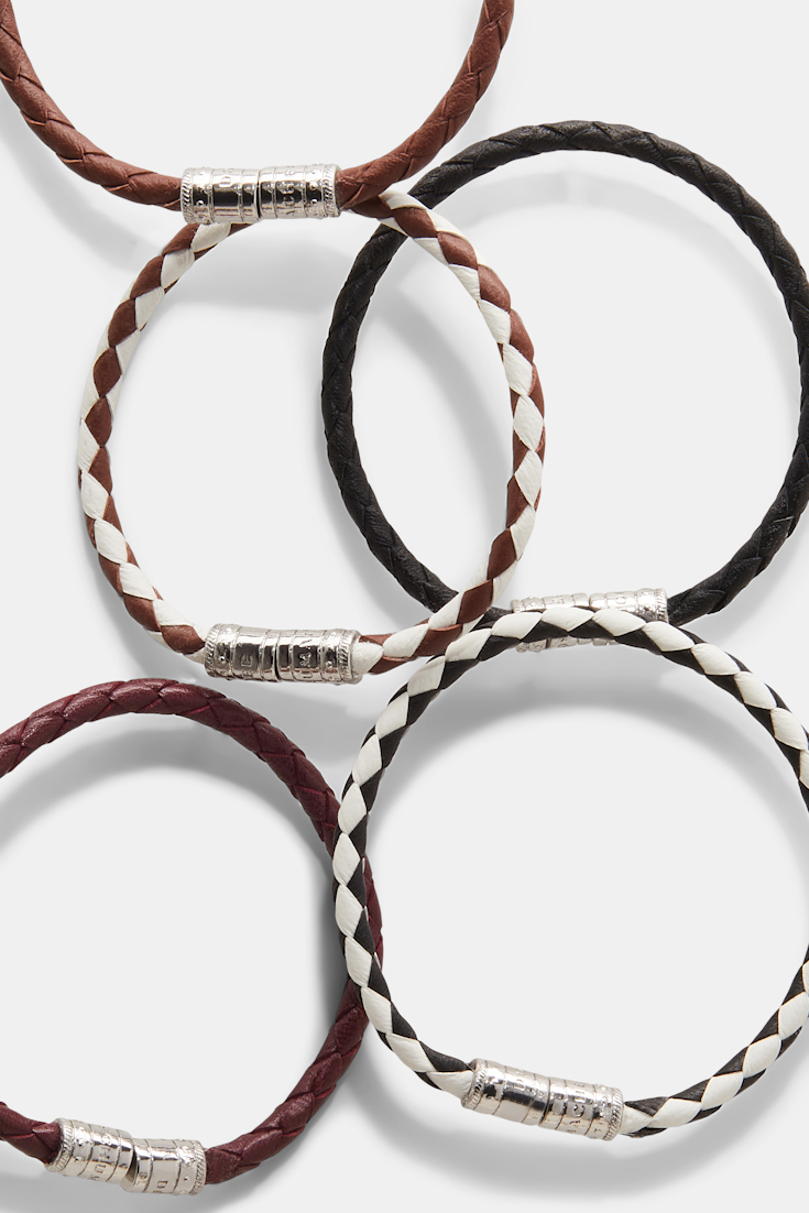 Dorothee Schumacher Set of three woven leather cord bracelets black & white with cognac mix