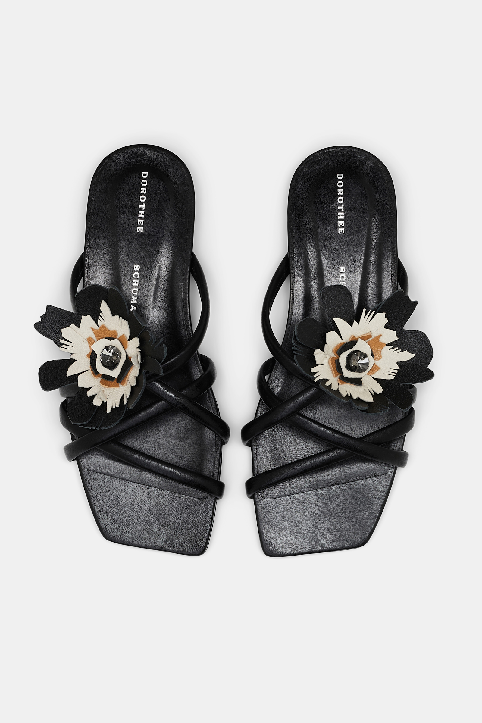 Dorothee Schumacher Square toe flat sandals with removable leather flower pure black