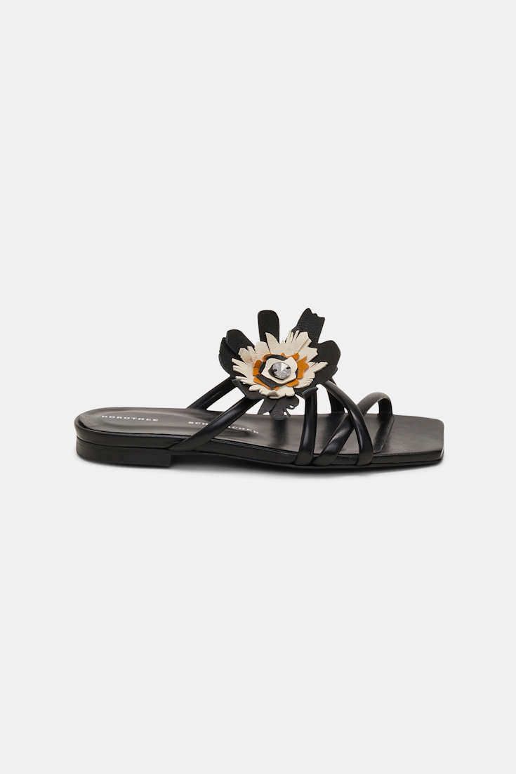 Dorothee Schumacher Square toe flat sandals with removable leather flower pure black