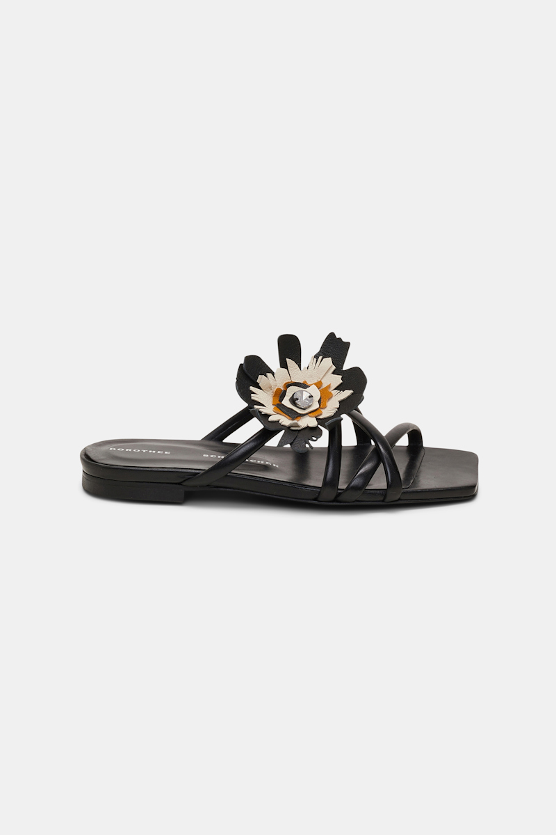 Shop Dorothee Schumacher Square Toe Flat Sandals With Removable Leather Flower In Black