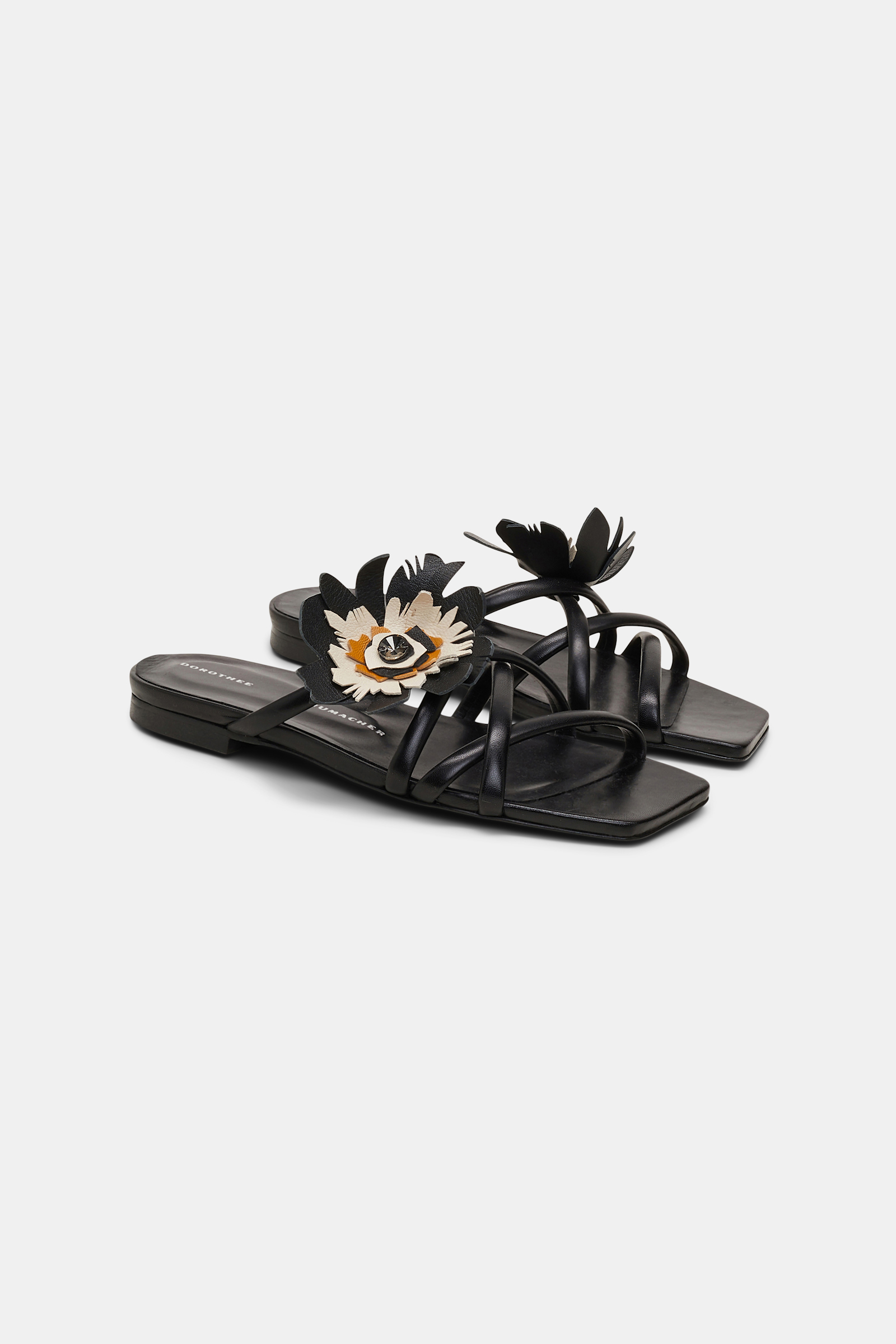 Dorothee Schumacher Square toe flat sandals with removable leather flower pure black