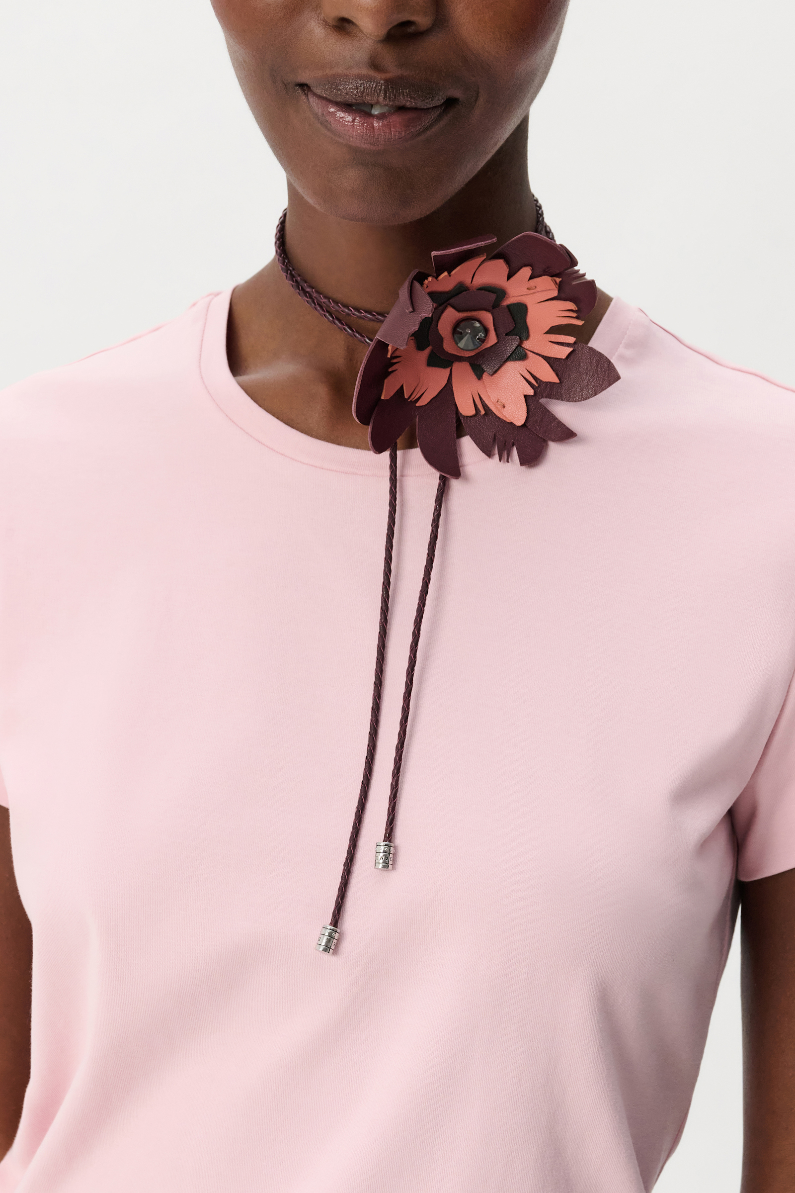 Dorothee Schumacher Woven leather choker wrap with small leather flower bordeaux