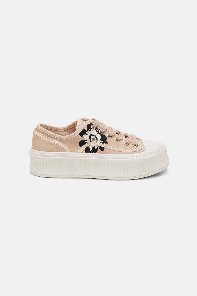 Shop Dorothee Schumacher Cotton Canvas Platform Sneakers With Flower Embroidery In Beige