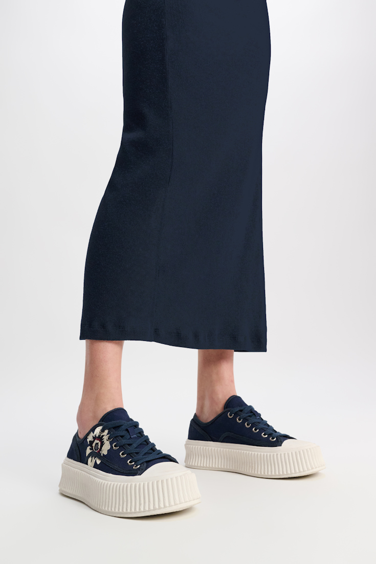 Dorothee Schumacher Cotton canvas platform sneakers with flower embroidery dark navy with embroidery