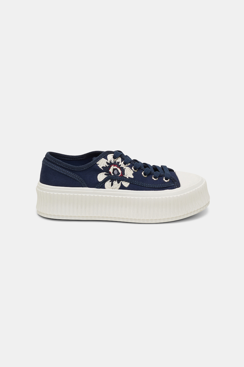 Shop Dorothee Schumacher Cotton Canvas Platform Sneakers With Flower Embroidery In Blue