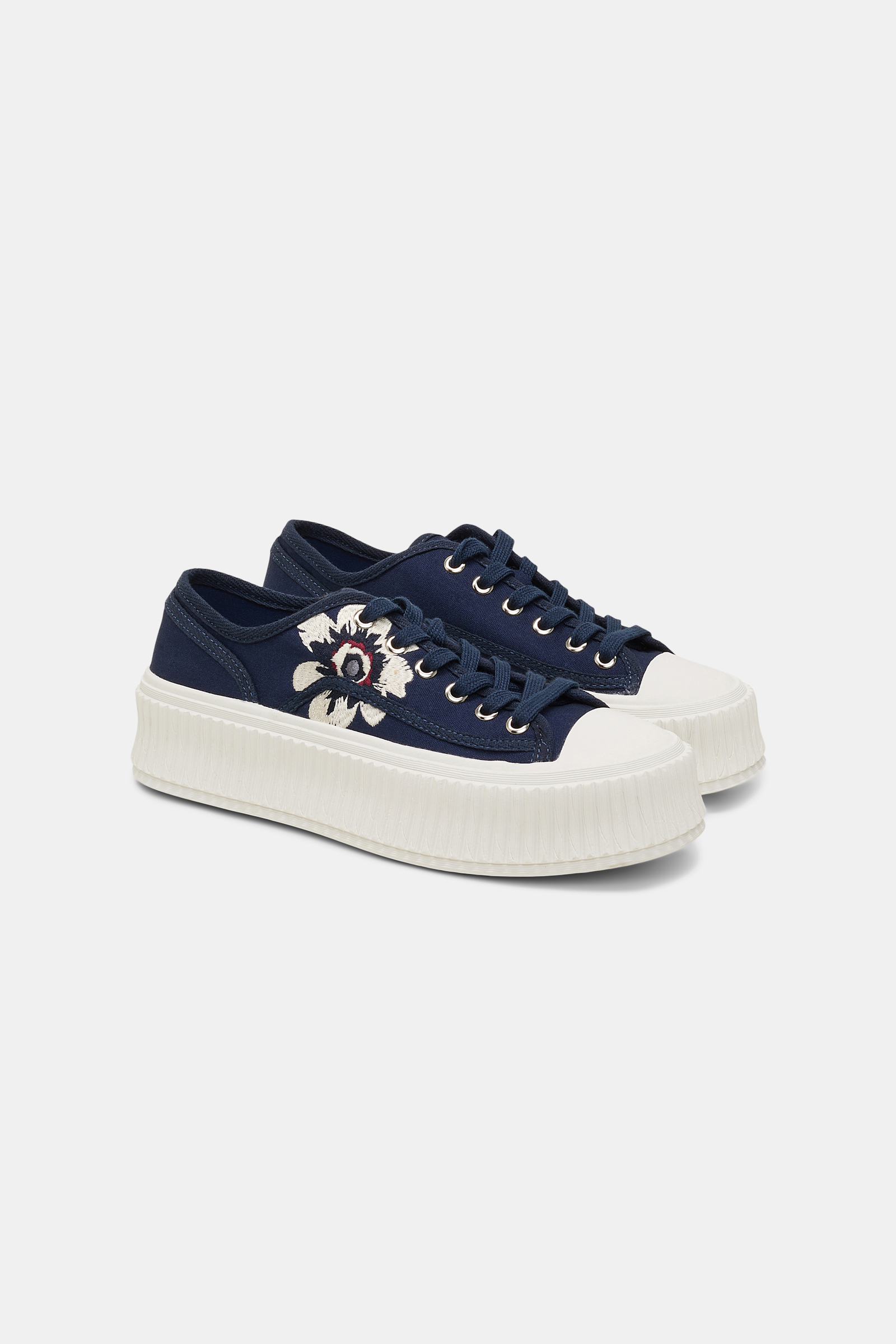 Dorothee Schumacher Cotton canvas platform sneakers with flower embroidery dark navy with embroidery