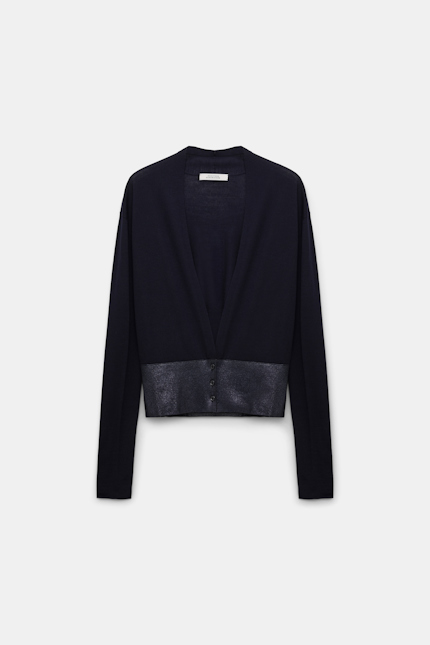 SHIMMERING MERINO cardigan Dorothee Schumacher V-neck cardigan with foil print dark navy