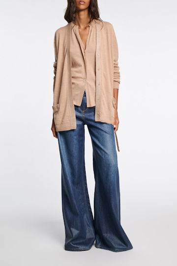 Dorothee Schumacher Long cardigan with foil print and tie camel