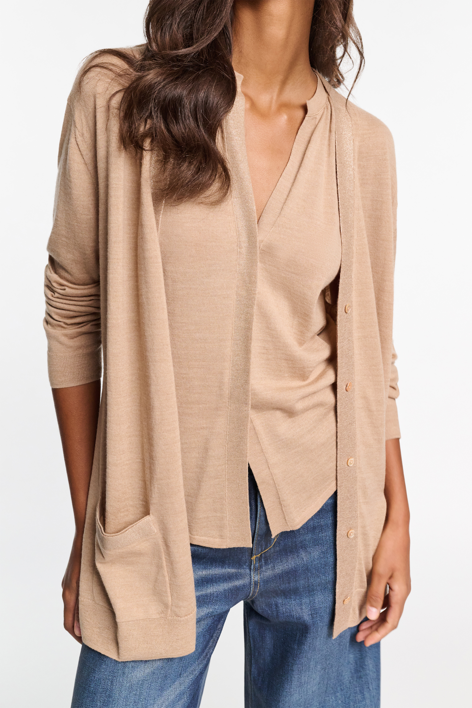 Dorothee Schumacher Langer Cardigan aus Merino mit Gürtelbändern und Folienprint camel