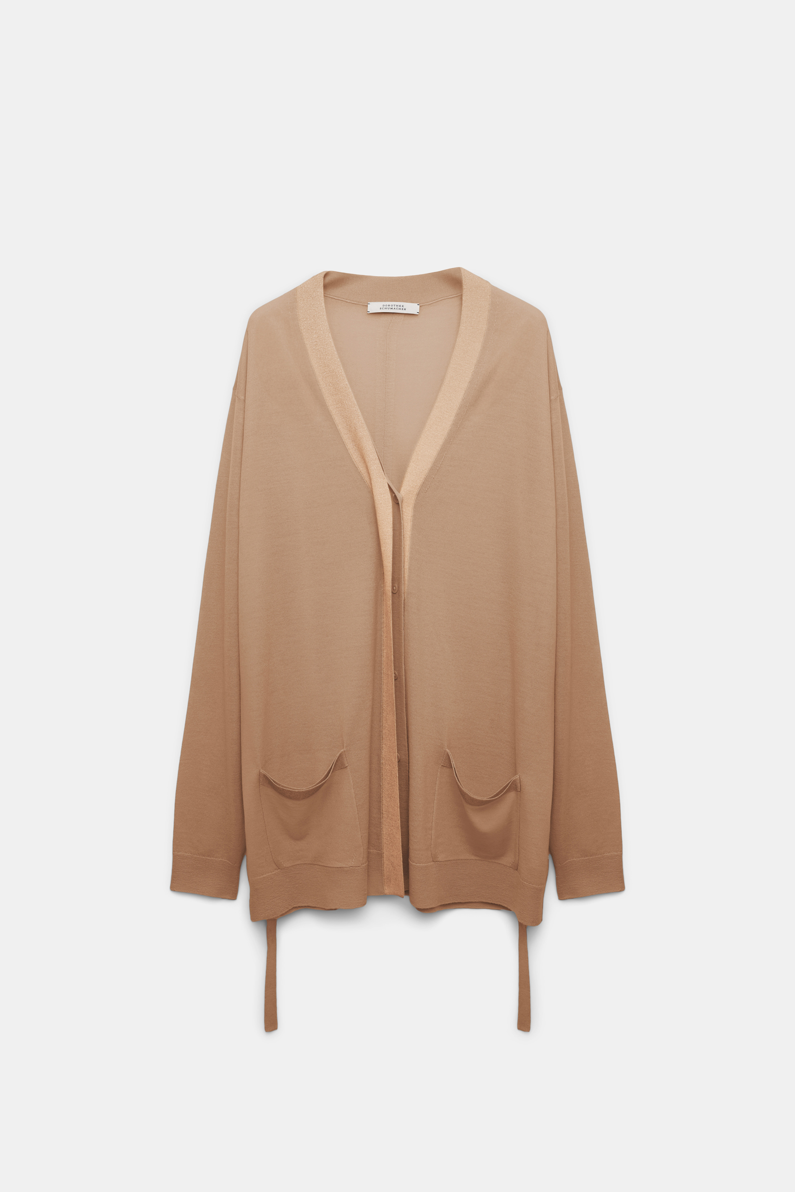 Dorothee Schumacher Langer Cardigan aus Merino mit Gürtelbändern und Folienprint camel
