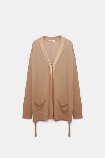 Dorothee Schumacher Long cardigan with foil print and tie camel