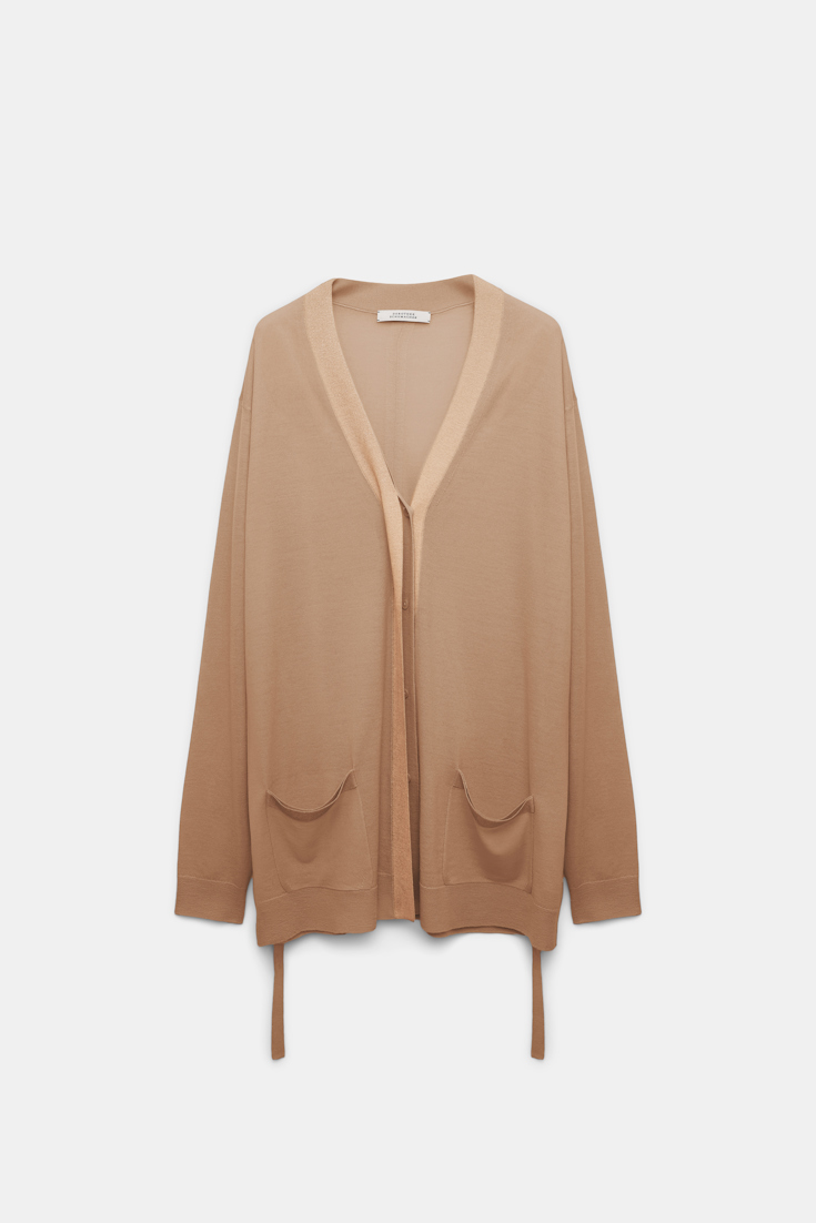 Dorothee Schumacher Langer Cardigan aus Merino mit Gürtelbändern und Folienprint camel