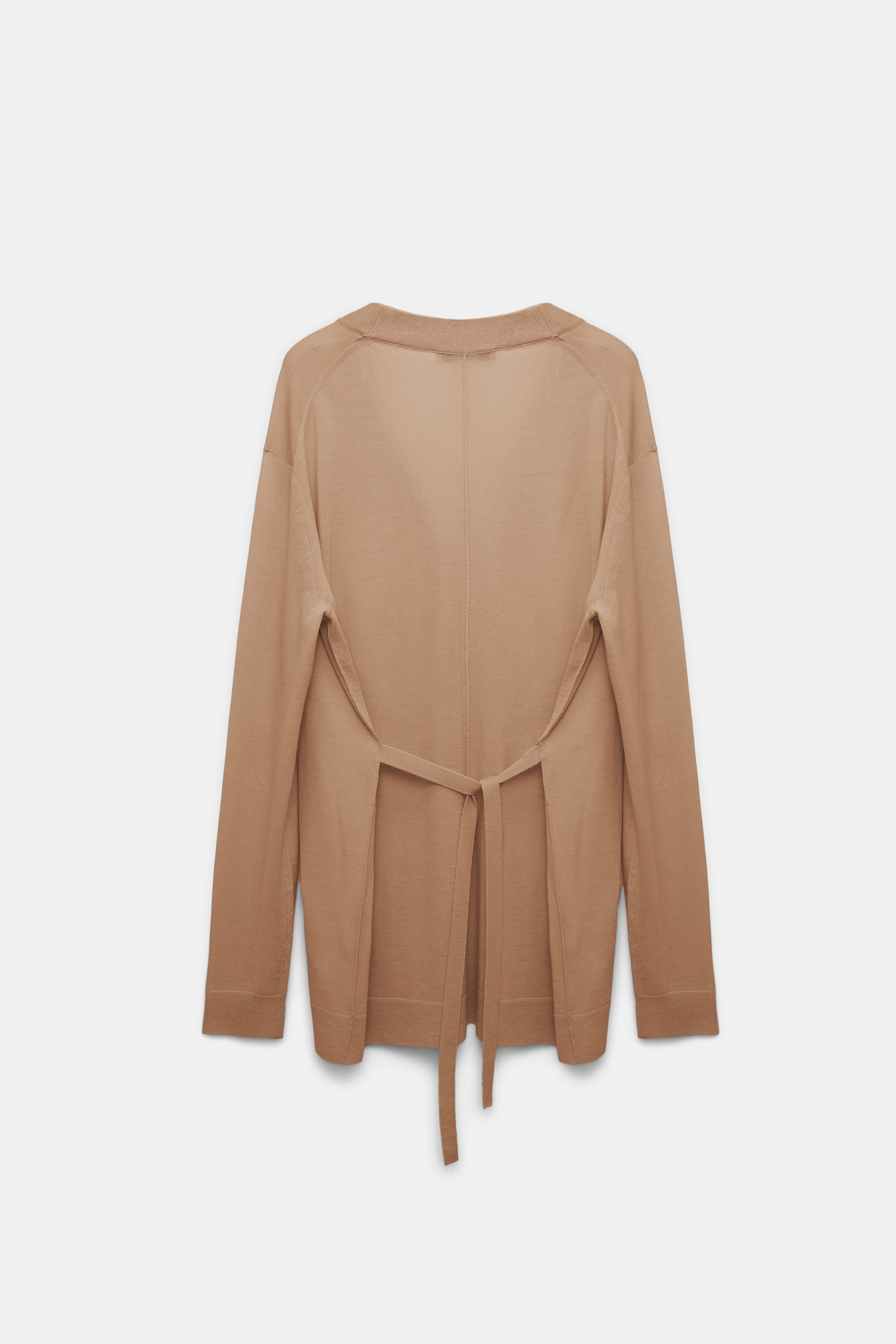 Dorothee Schumacher Langer Cardigan aus Merino mit Gürtelbändern und Folienprint camel