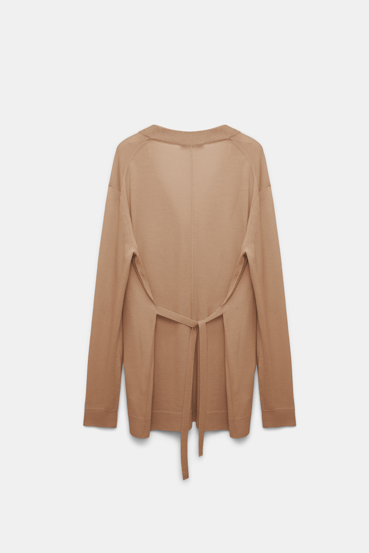 Dorothee Schumacher Langer Cardigan aus Merino mit Gürtelbändern und Folienprint camel