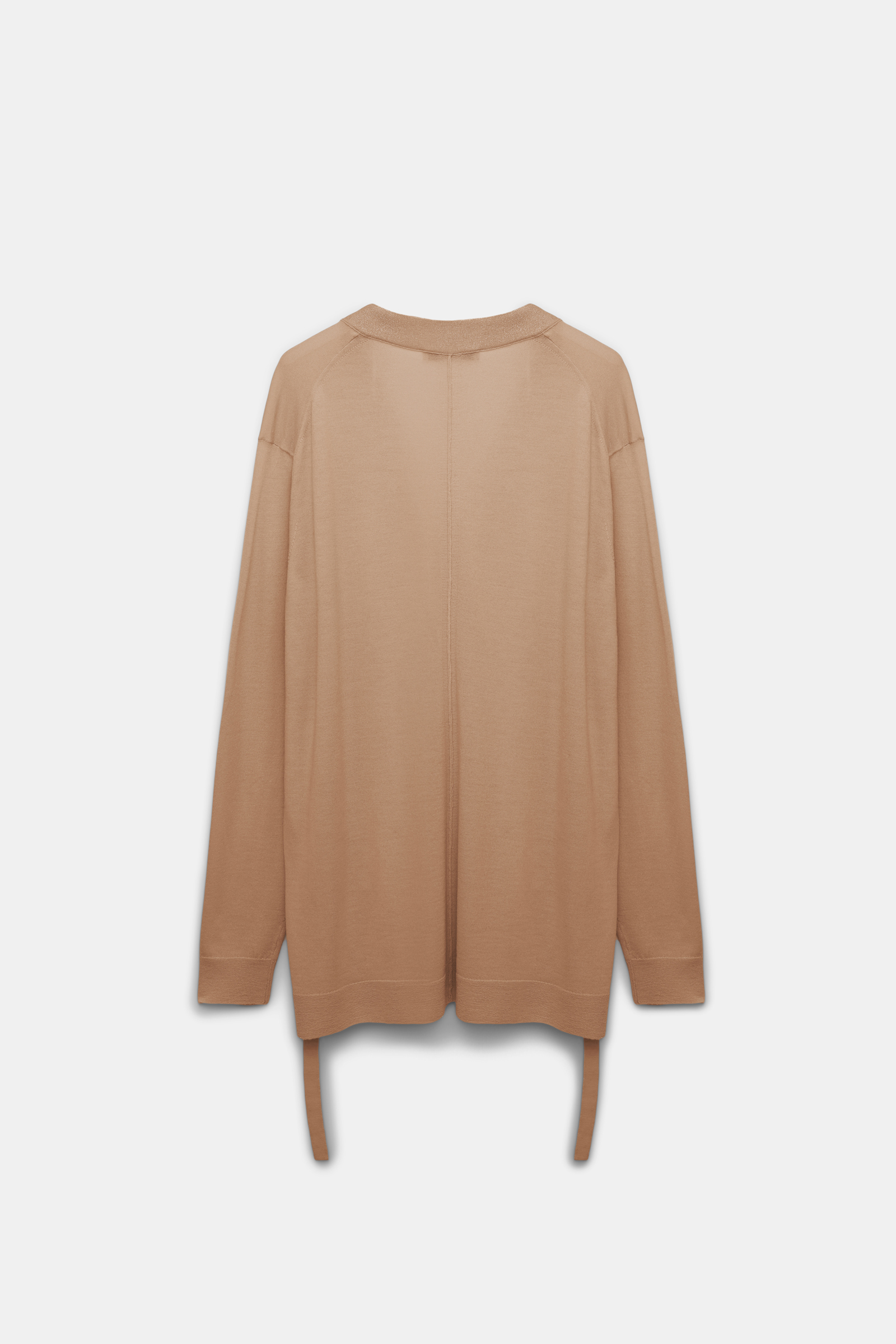 Dorothee Schumacher Langer Cardigan aus Merino mit Gürtelbändern und Folienprint camel