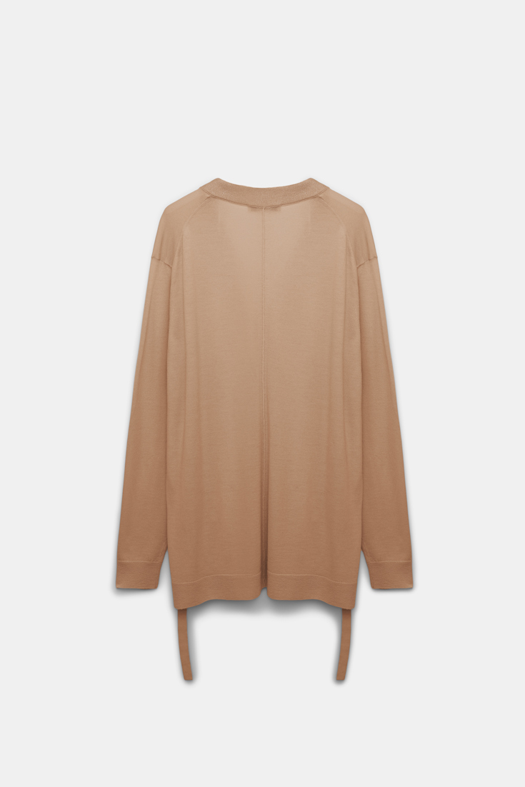 Dorothee Schumacher Langer Cardigan aus Merino mit Gürtelbändern und Folienprint camel