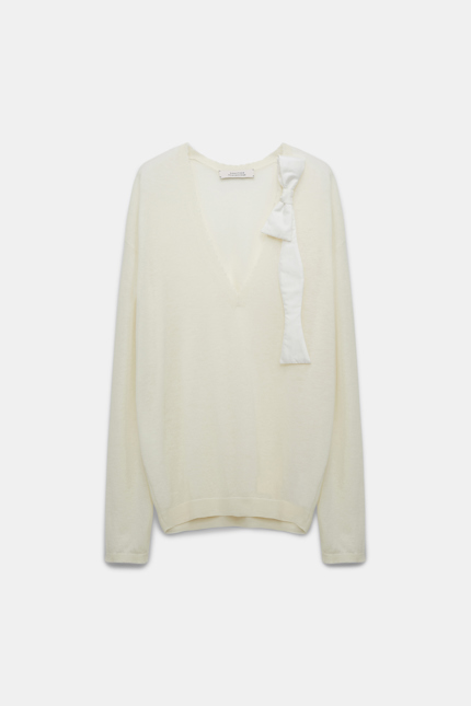 DELICATE STATEMENTS pullover Dorothee Schumacher V-Neck Pullover mit abnehmbarer Schleife eggshell