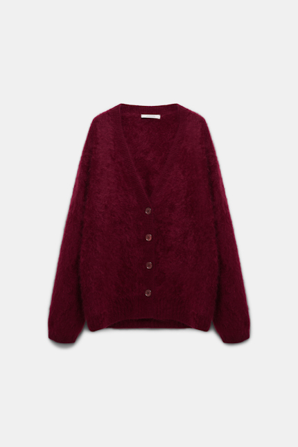 FLUFFY LUXURY cardigan Dorothee Schumacher Fluffy knit cashmere V-neck cardigan burgundy