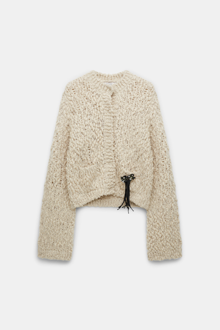 BOLD AMBITION cardigan Dorothee Schumacher Wool blend textured knit cropped cardigan with brooch fog