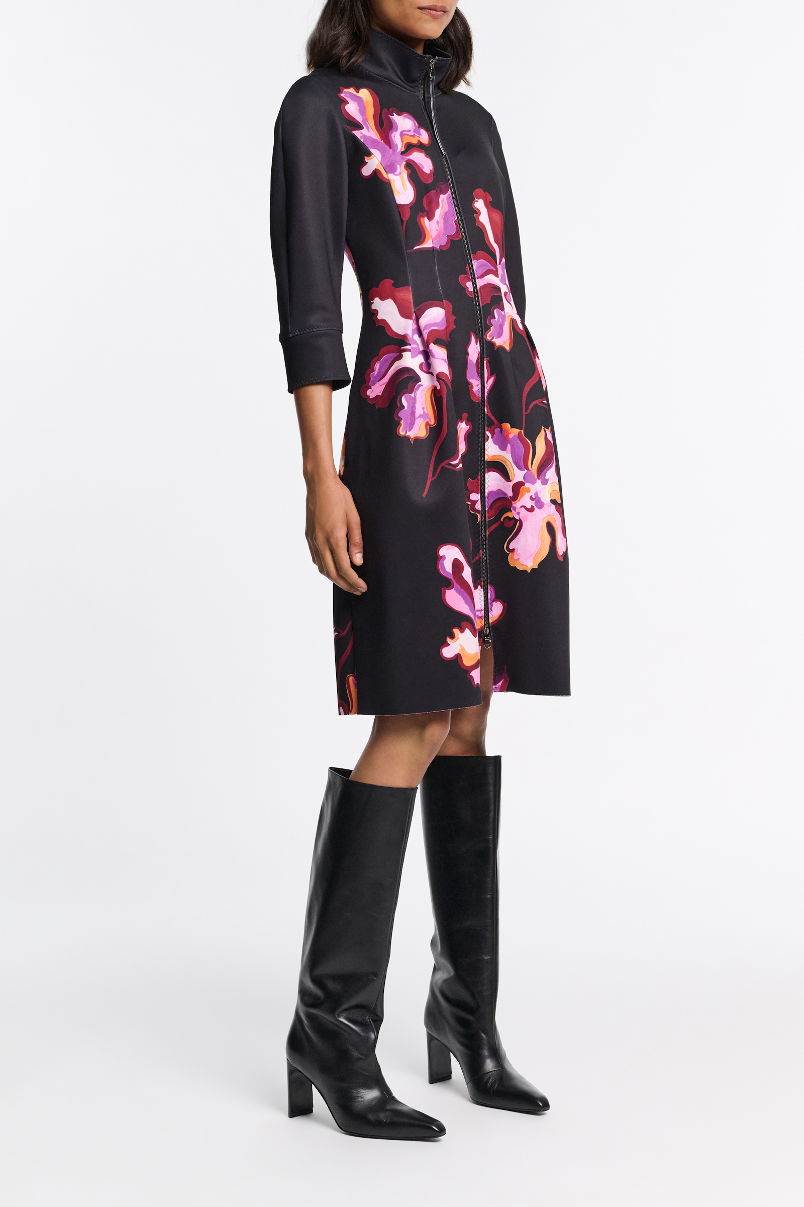 Dorothee Schumacher Printed neoprene fit and flare dress flame flower black/purple