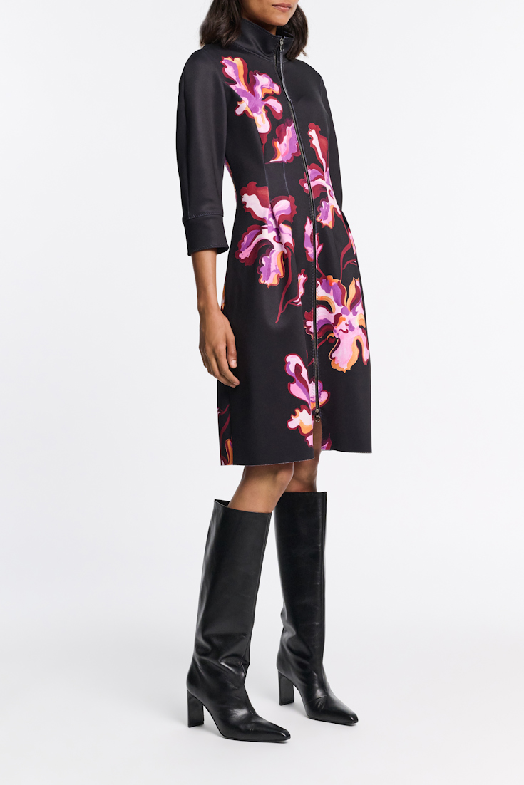 Dorothee Schumacher Printed neoprene fit and flare dress flame flower black/purple