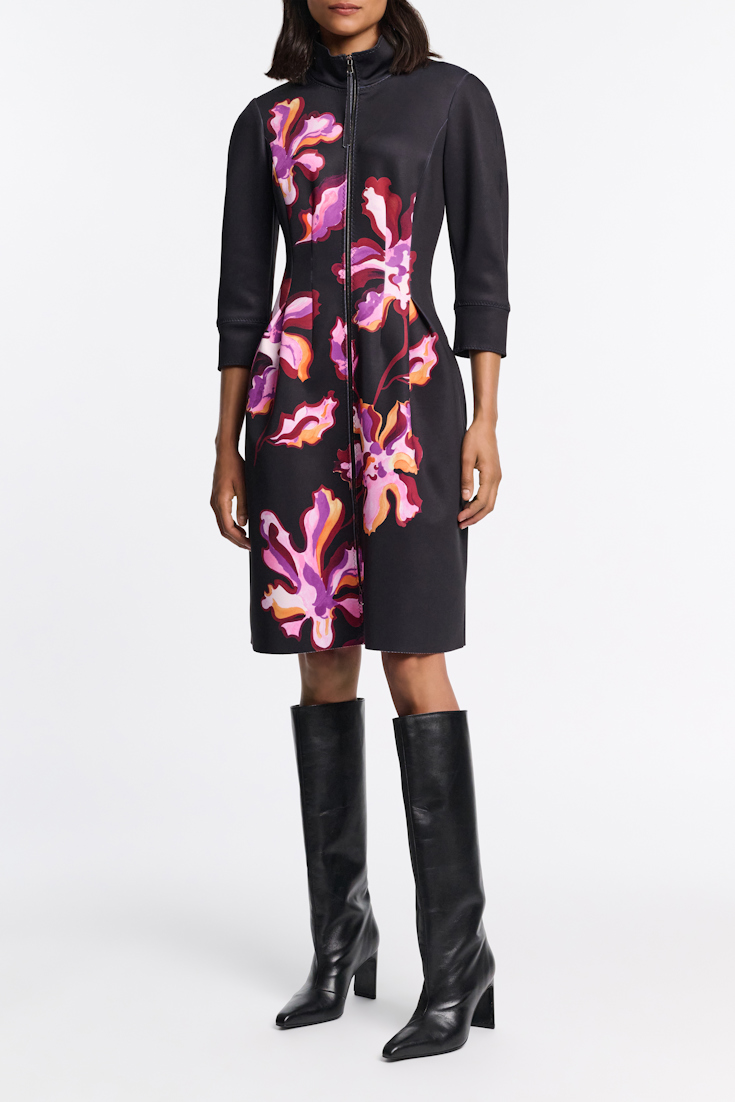 Dorothee Schumacher Printed neoprene fit and flare dress flame flower black/purple