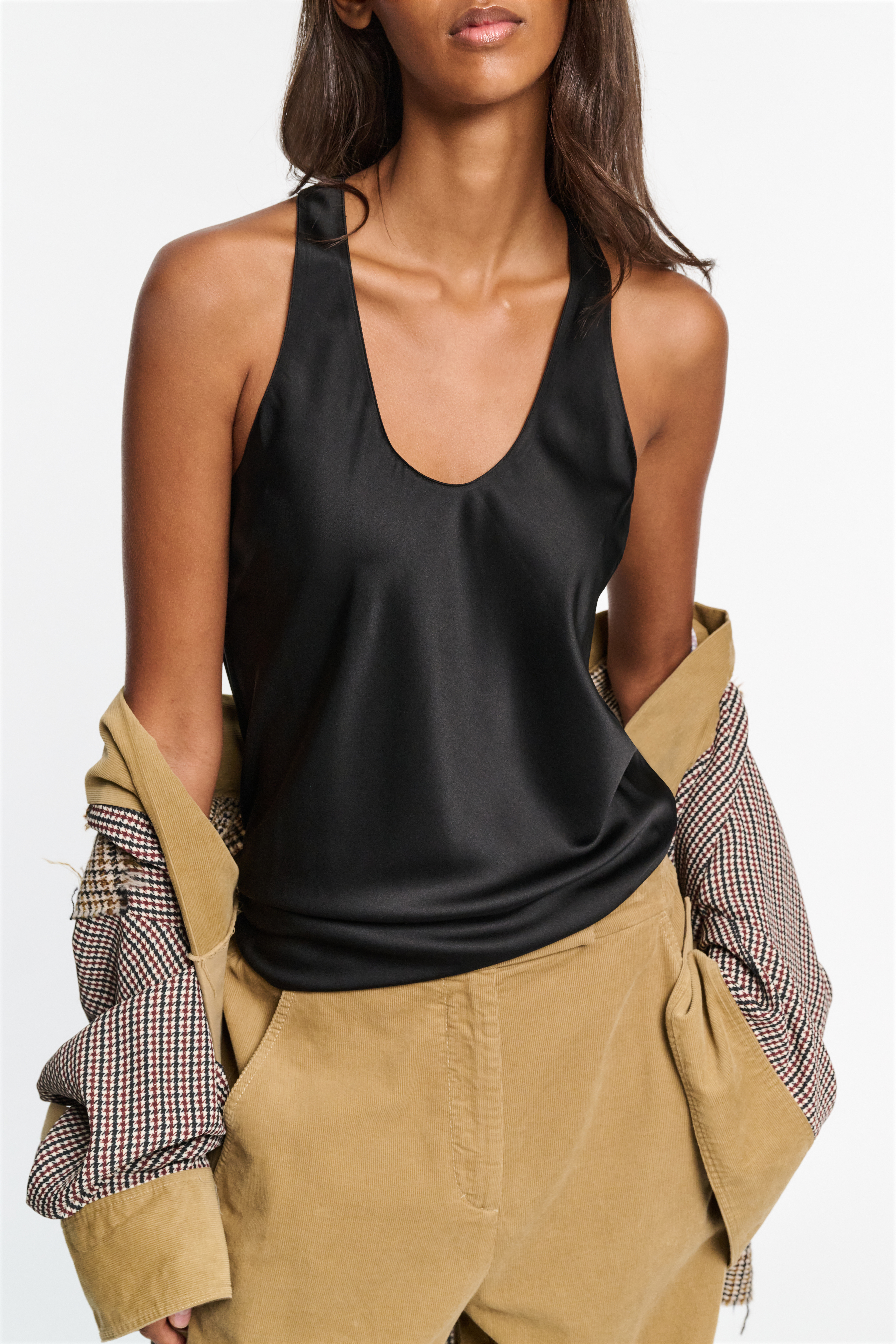 black satin shell top