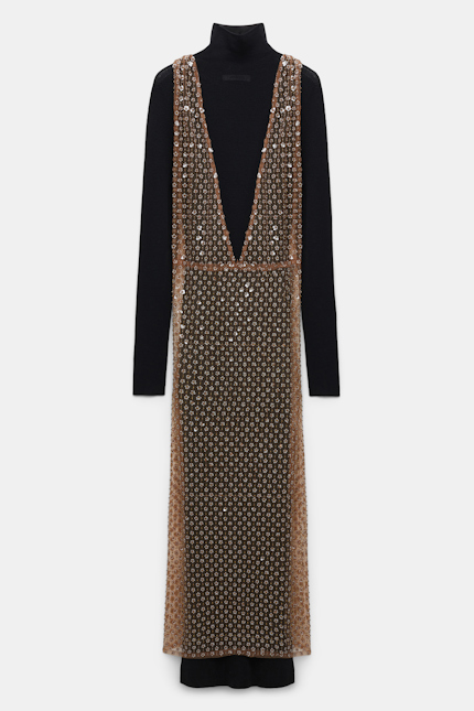 PURE GLAM dress Dorothee Schumacher Florales Paillettenkleid mit Strickunterkleid milky brown