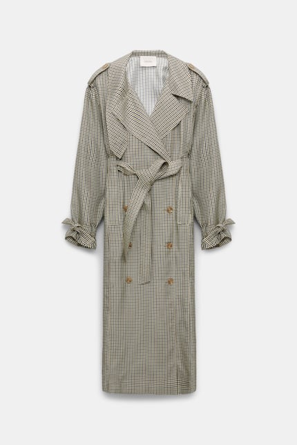 CHECKED COOLNESS dress Dorothee Schumacher Double-breasted trench coat dress in printed silk twill pepita mix khaki