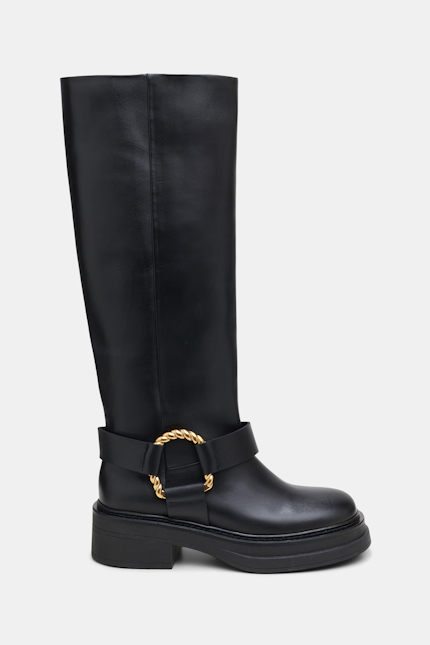 CHIC SOPHISTICATION-COMBAT Dorothee Schumacher Tall biker boots with twisted D-ring detail black