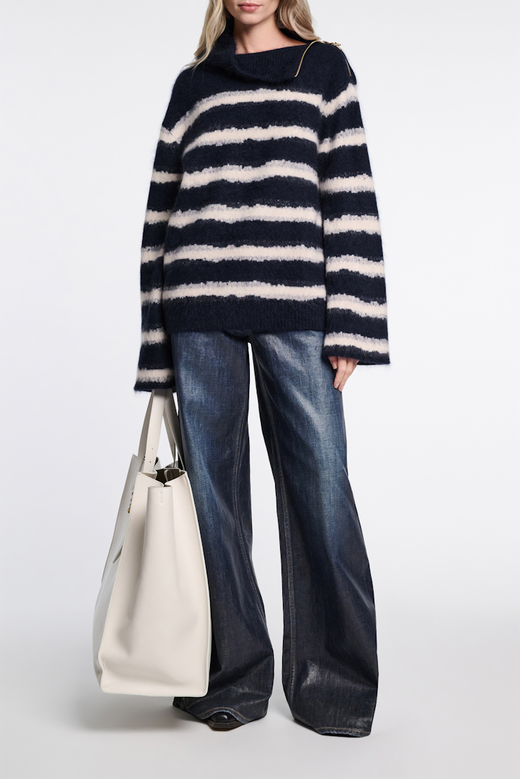 Dorothee Schumacher Fluffy stripe zip turtleneck sweater blue shadow stripe