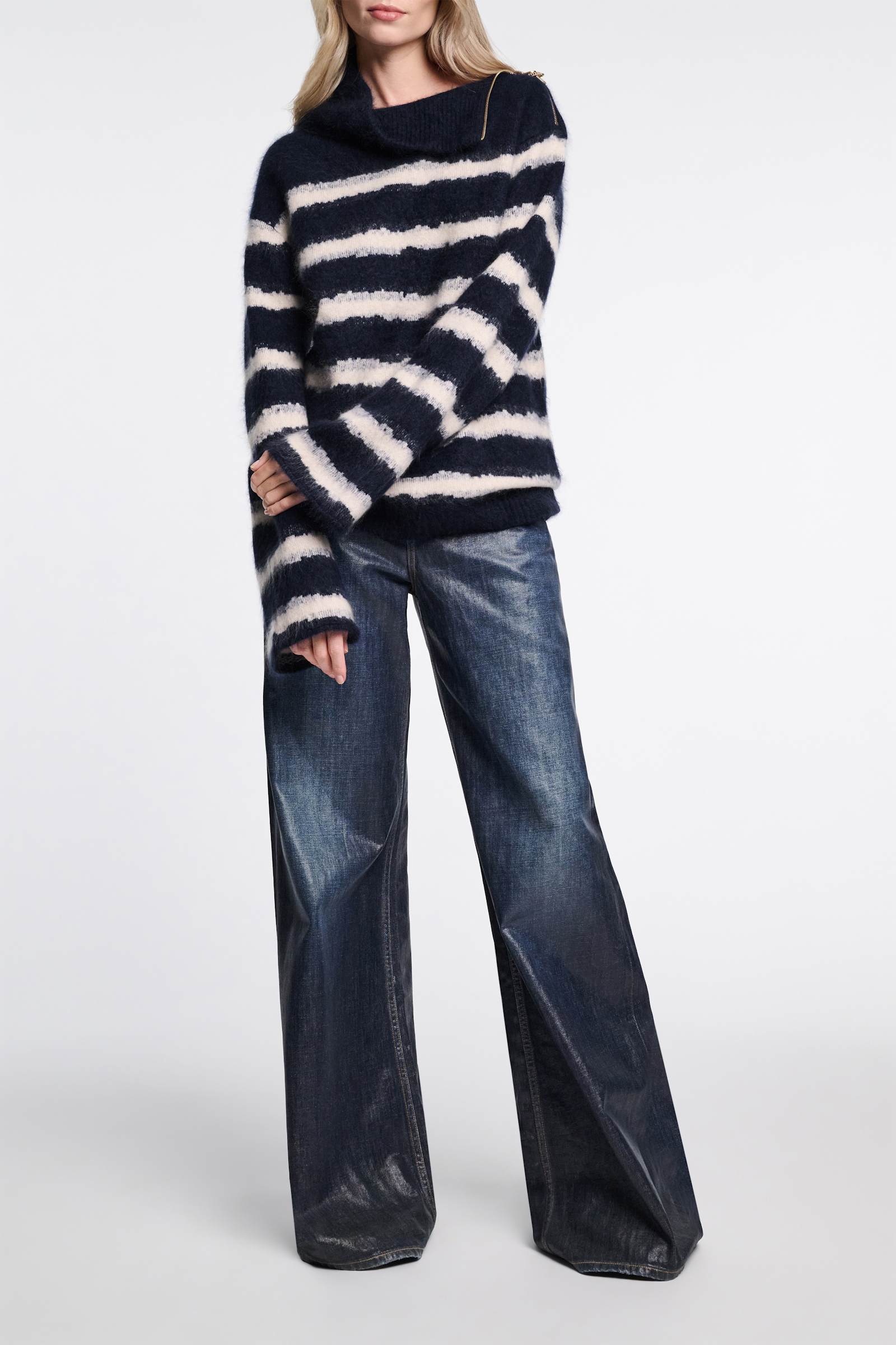 Dorothee Schumacher Fluffy stripe zip turtleneck sweater blue shadow stripe