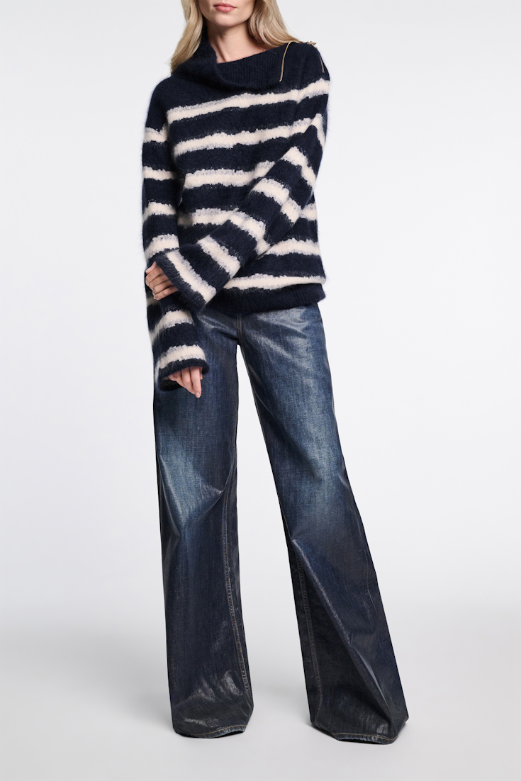 Dorothee Schumacher Fluffy stripe zip turtleneck sweater blue shadow stripe