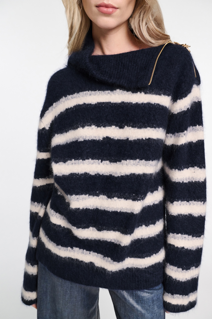Dorothee Schumacher Fluffy stripe zip turtleneck sweater blue shadow stripe