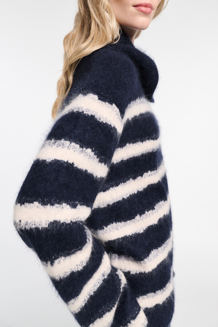 Dorothee Schumacher Fluffy stripe zip turtleneck sweater blue shadow stripe