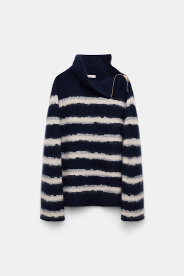 Dorothee Schumacher Fluffy stripe zip turtleneck sweater blue shadow stripe