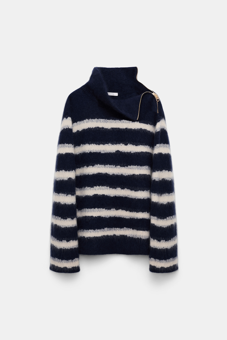 Dorothee Schumacher Fluffy stripe zip turtleneck sweater blue shadow stripe