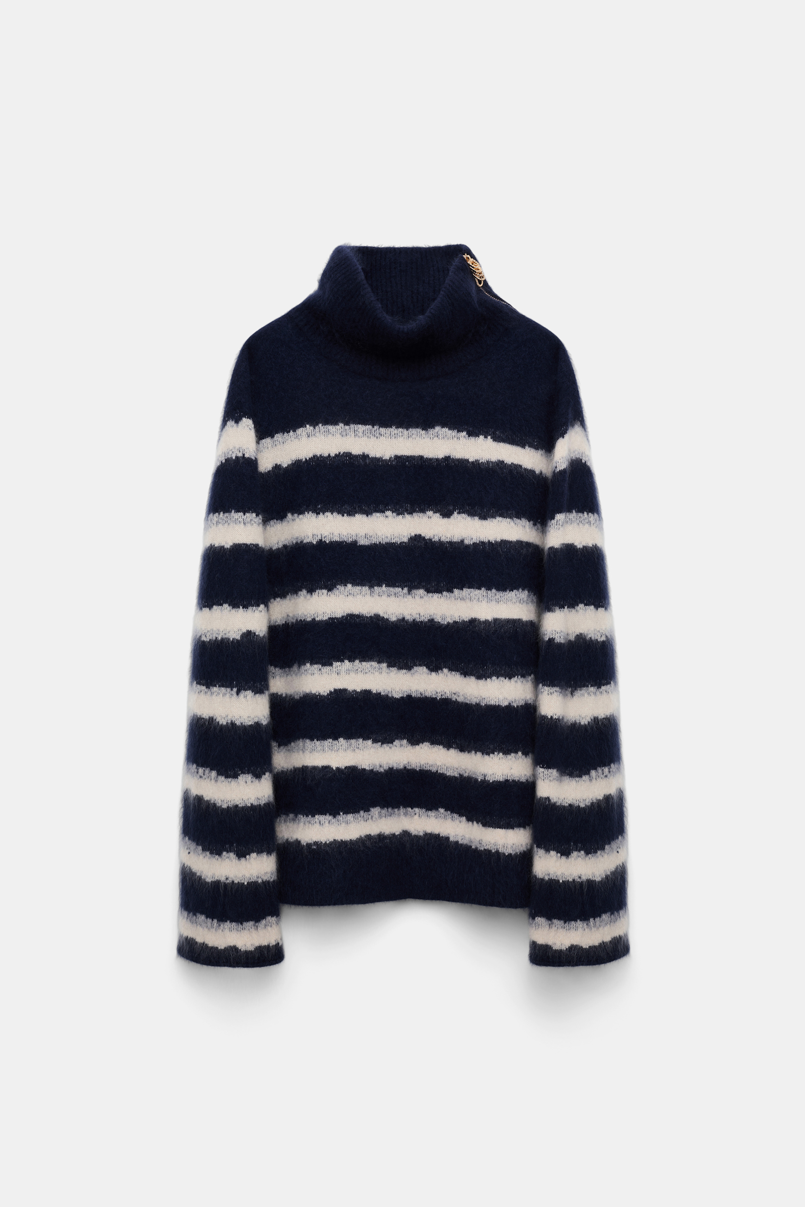 Dorothee Schumacher Fluffy stripe zip turtleneck sweater blue shadow stripe