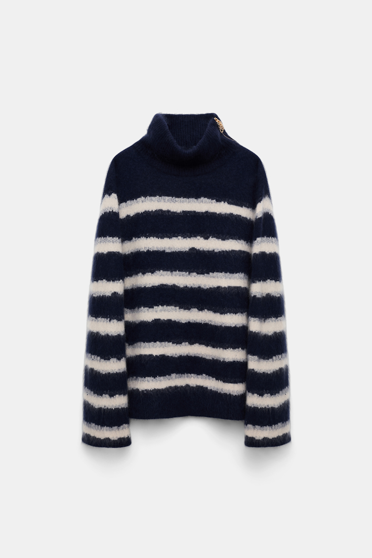 Dorothee Schumacher Fluffy stripe zip turtleneck sweater blue shadow stripe