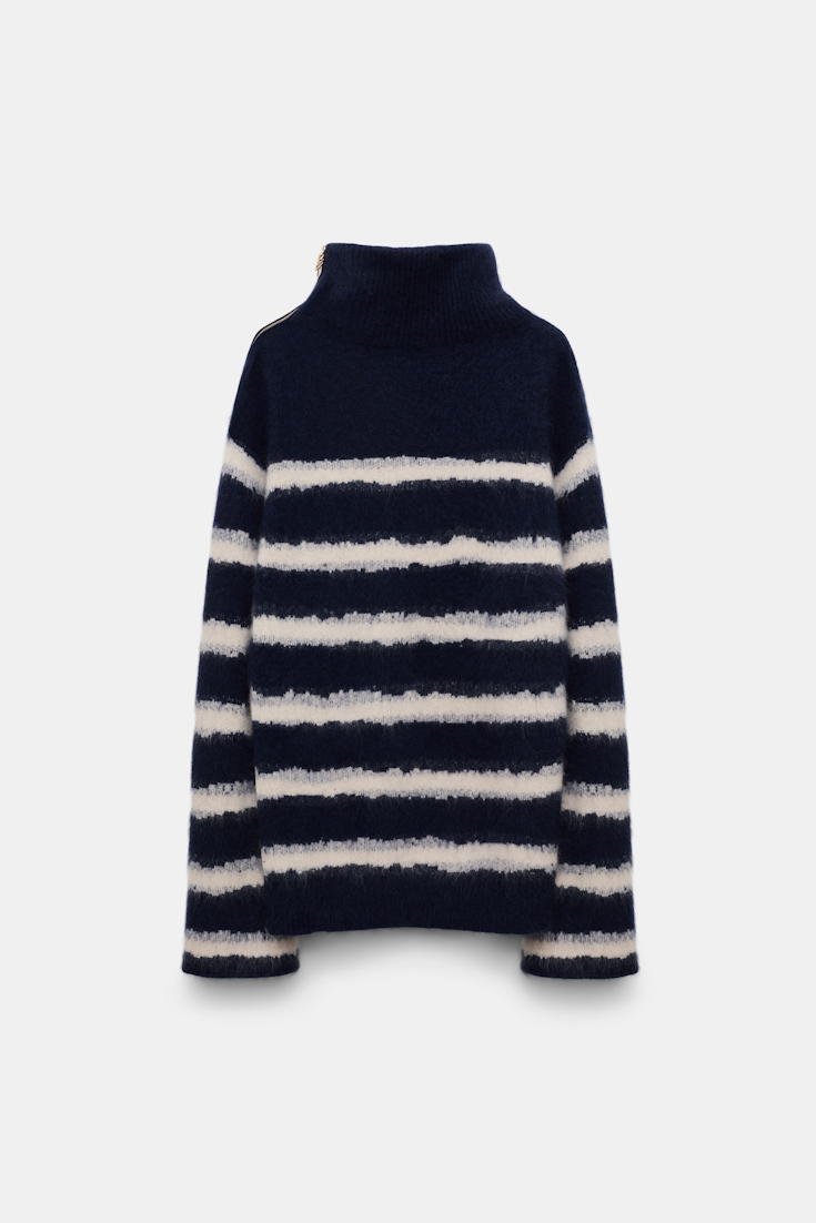 Dorothee Schumacher Fluffy stripe zip turtleneck sweater blue shadow stripe