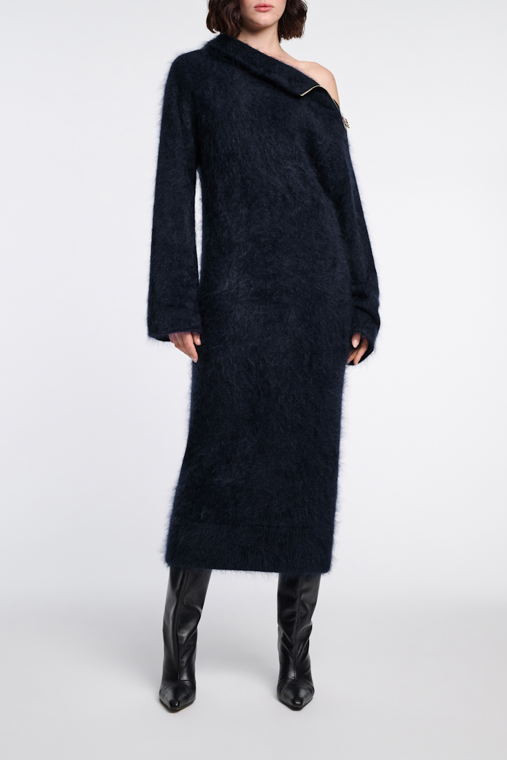Dorothee Schumacher Fluffy zip turtleneck sweater dress true navy