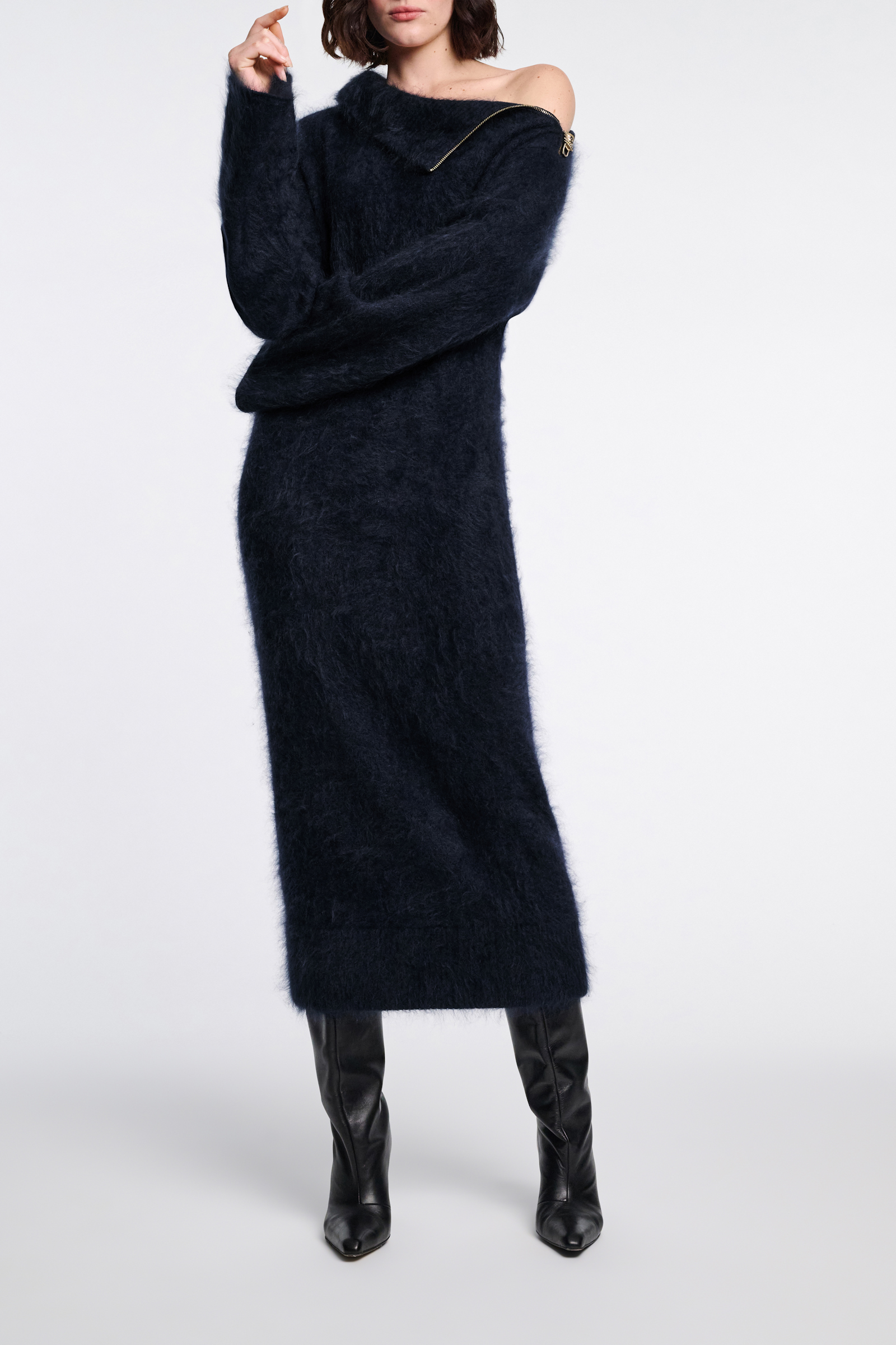 Dorothee Schumacher Fluffy zip turtleneck sweater dress true navy