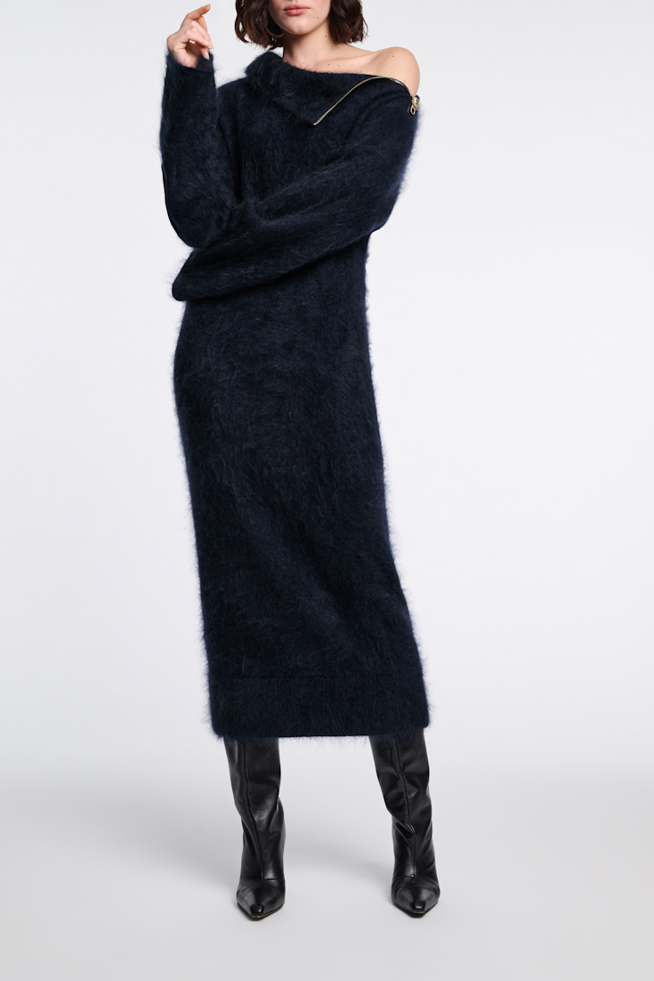 Dorothee Schumacher Fluffy zip turtleneck sweater dress true navy