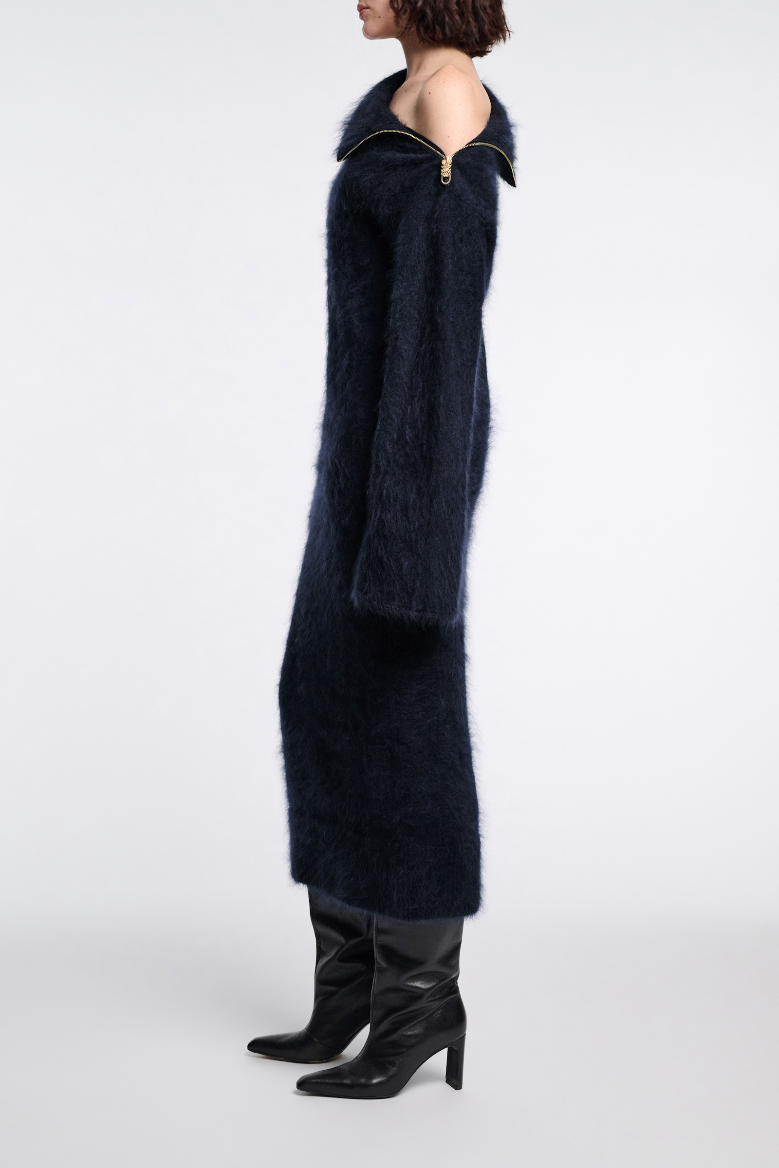 Dorothee Schumacher Fluffy zip turtleneck sweater dress true navy