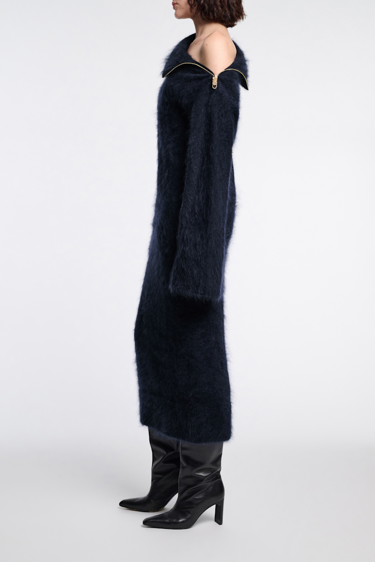 Dorothee Schumacher Fluffy zip turtleneck sweater dress true navy
