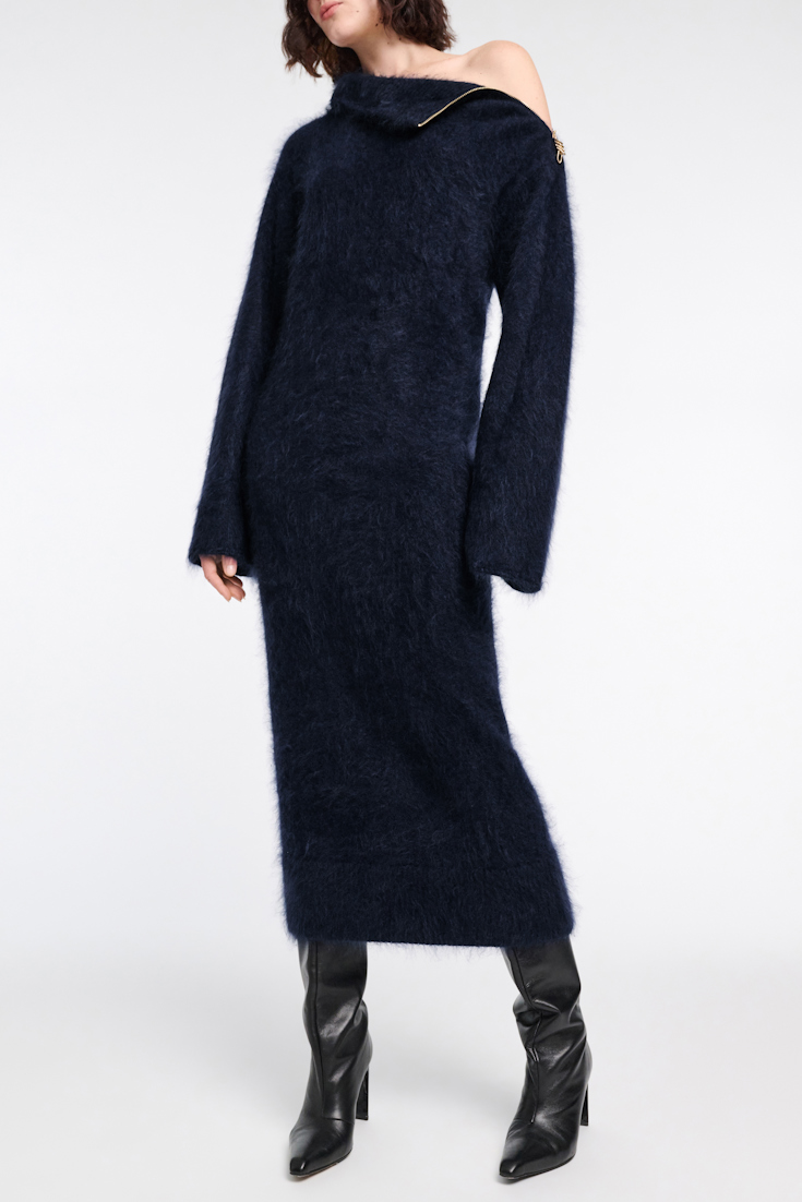 Dorothee Schumacher Fluffy zip turtleneck sweater dress true navy