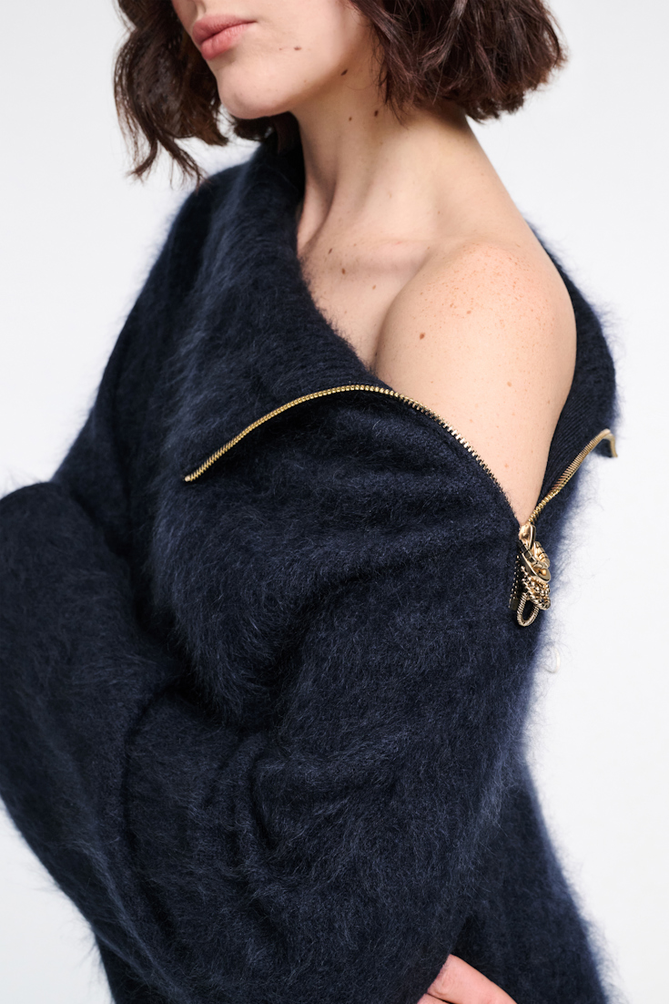 Dorothee Schumacher Fluffy zip turtleneck sweater dress true navy