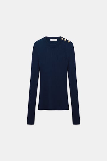 Dorothee Schumacher Pullover aus Wolle-Seide Mix mit goldenen Knöpfen midnight