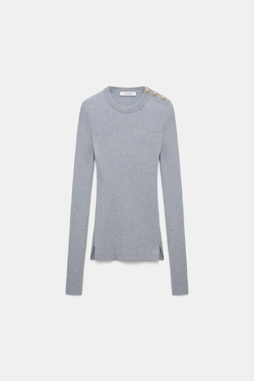 Dorothee Schumacher Pullover aus Wolle-Seide Mix mit goldenen Knöpfen grey melange